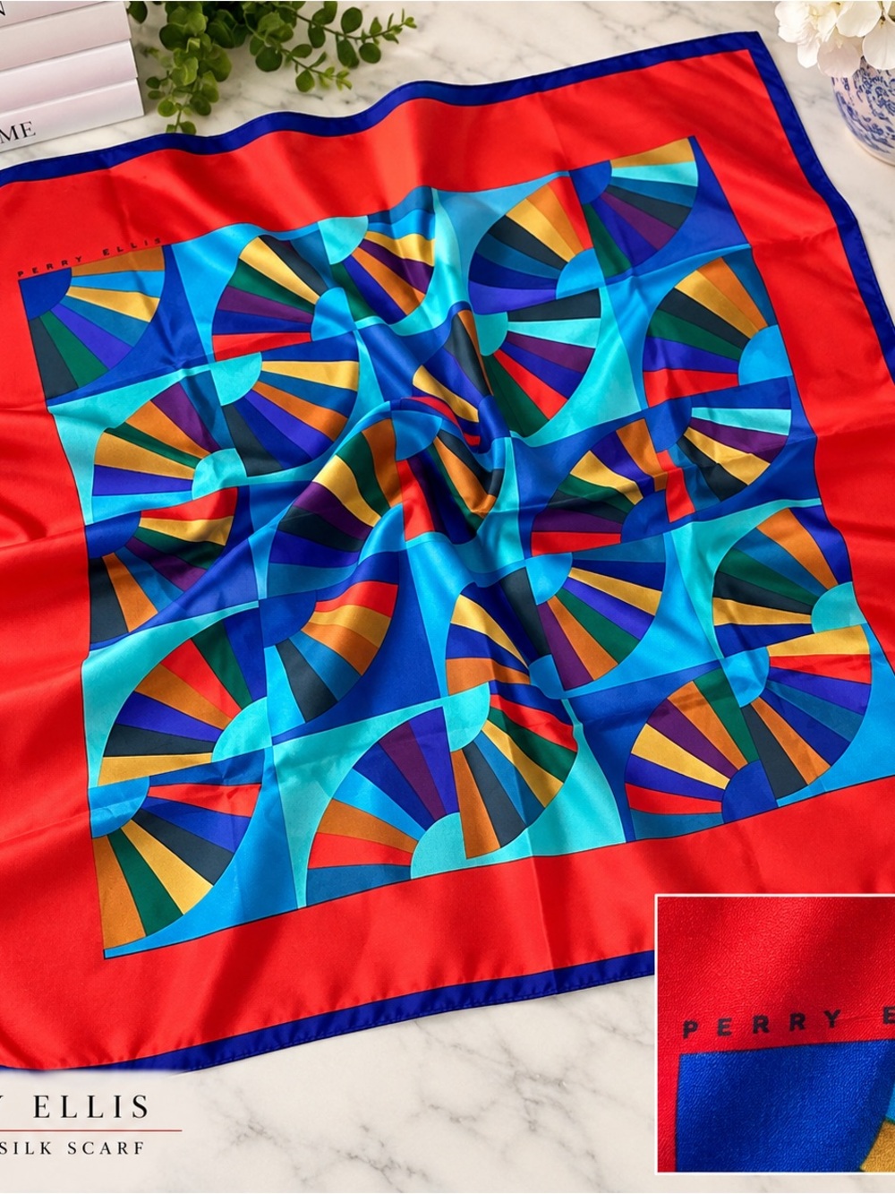 Vintage Perry Ellis Scarf 34x34 Bold Geometric Abstract Fan Red Blue Multicolor